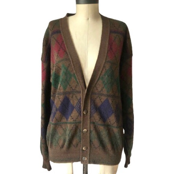 Vtg Italian Brown Argyle Wool Blend V-Neck Cardigan Grandpa Menswear Sweater - Picture 10 of 15